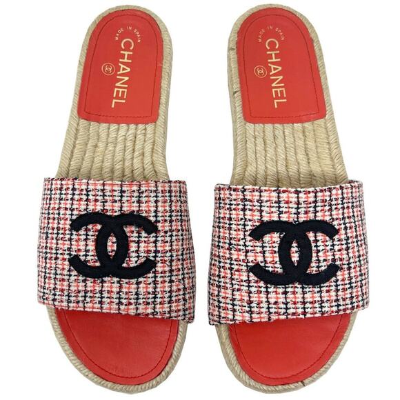 Chanel Red-Orange Tweed CC Logo Espadrille Slide Sandals – Size 40